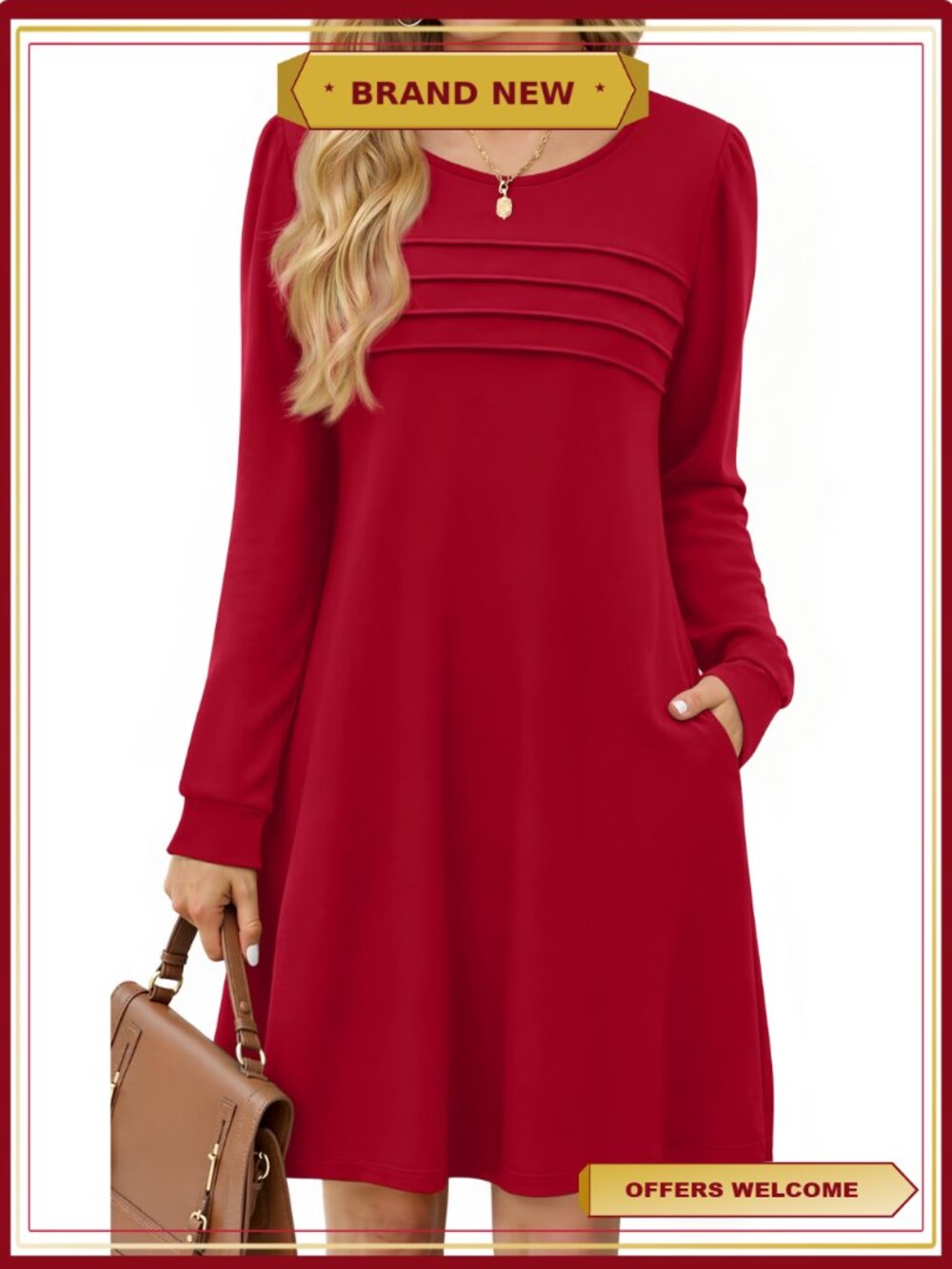 Pleated Long Sleeve Casual Dress with Pockets